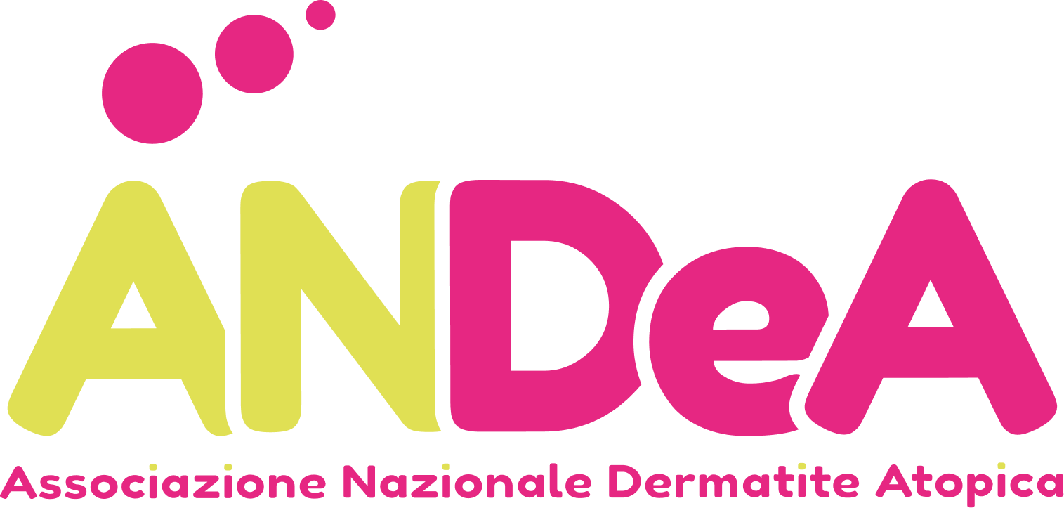 Logo of ANDDeA, Associazione Nazionale Dermatite Atopica, in lime and pink on black background