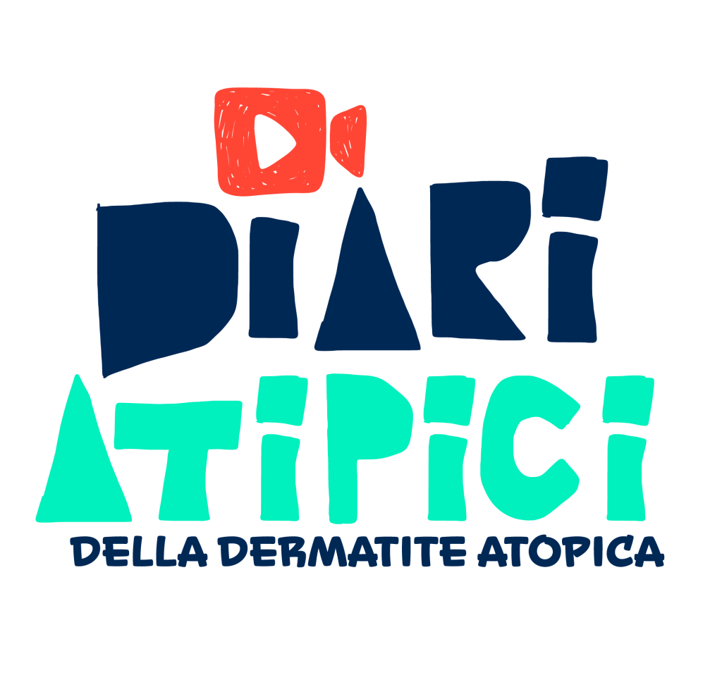 Bold black banner with a red play-button icon and large teal text reading 'DELLA DERMATITE ATOPICA' in Italian.