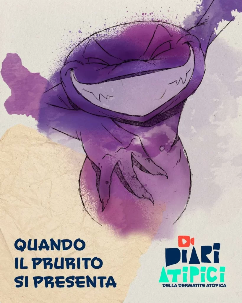 Purple cartoon creature smiling with a raised arm, amid purple watercolor splashes; Italian text reads 'Quando il prurito si presenta' with a 'Diari Atopici' logo.