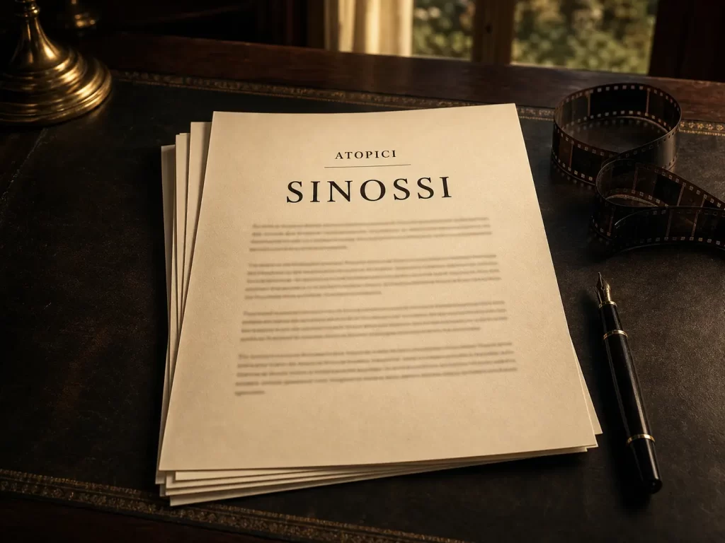 Stack of manuscript pages on a dark desk, title 'SINOSSI' visible, with a film reel and fountain pen nearby.