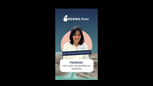 Informational poster for a dermatology talk by Dr. Carolina Fantini (Derma-Point): 'PSORIASI: non solo un problema estetico'.