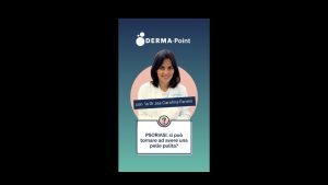 Poster featuring a medical professional for Derma-Point; a woman in a white coat with a pink circle background and gradient teal to blue backdrop. Contains the text 'con la Dr.ssa Carolina Fantini' and a speech-bubble style box with 'PSORIASI: si può tornare ad avere una pelle pulita?'