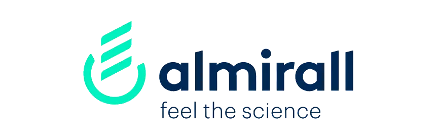 Almirall logo with teal swirl icon and the word 'Almirall'; tagline 'feel the science'.