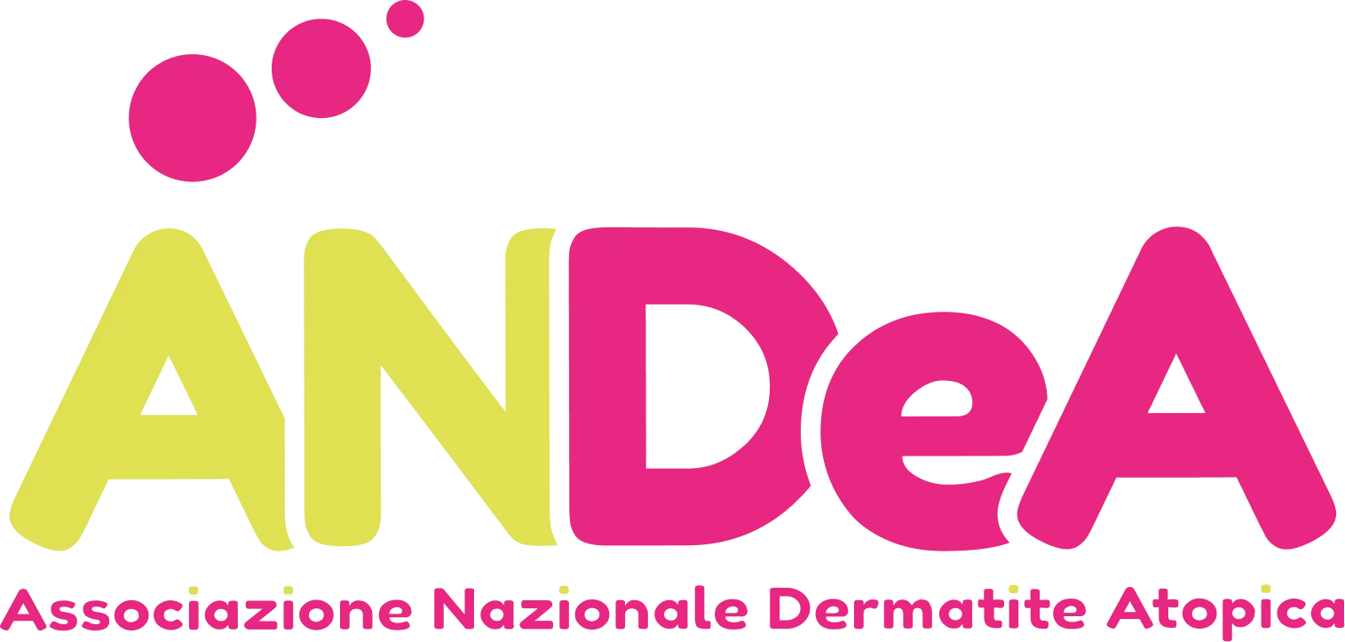 ANDeA logo: yellow 'AN' and pink 'DeA' with magenta dots above, plus subtitle 'Associazione Nazionale Dermatite Atopica'