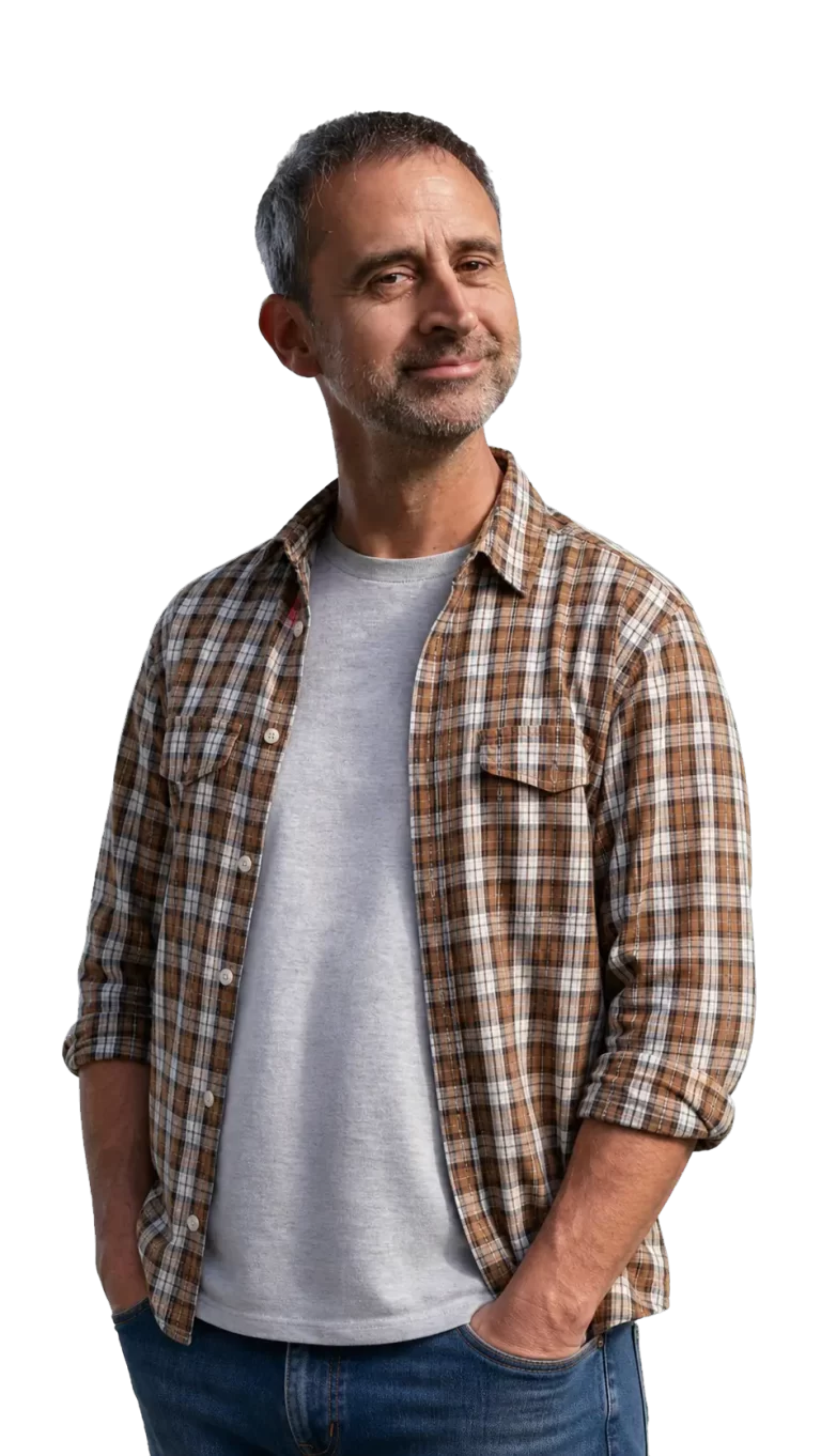 Portrait of a man with short gray hair and stubble, wearing a brown plaid shirt over a gray T-shirt, looking slightly to the right with a relaxed smile.