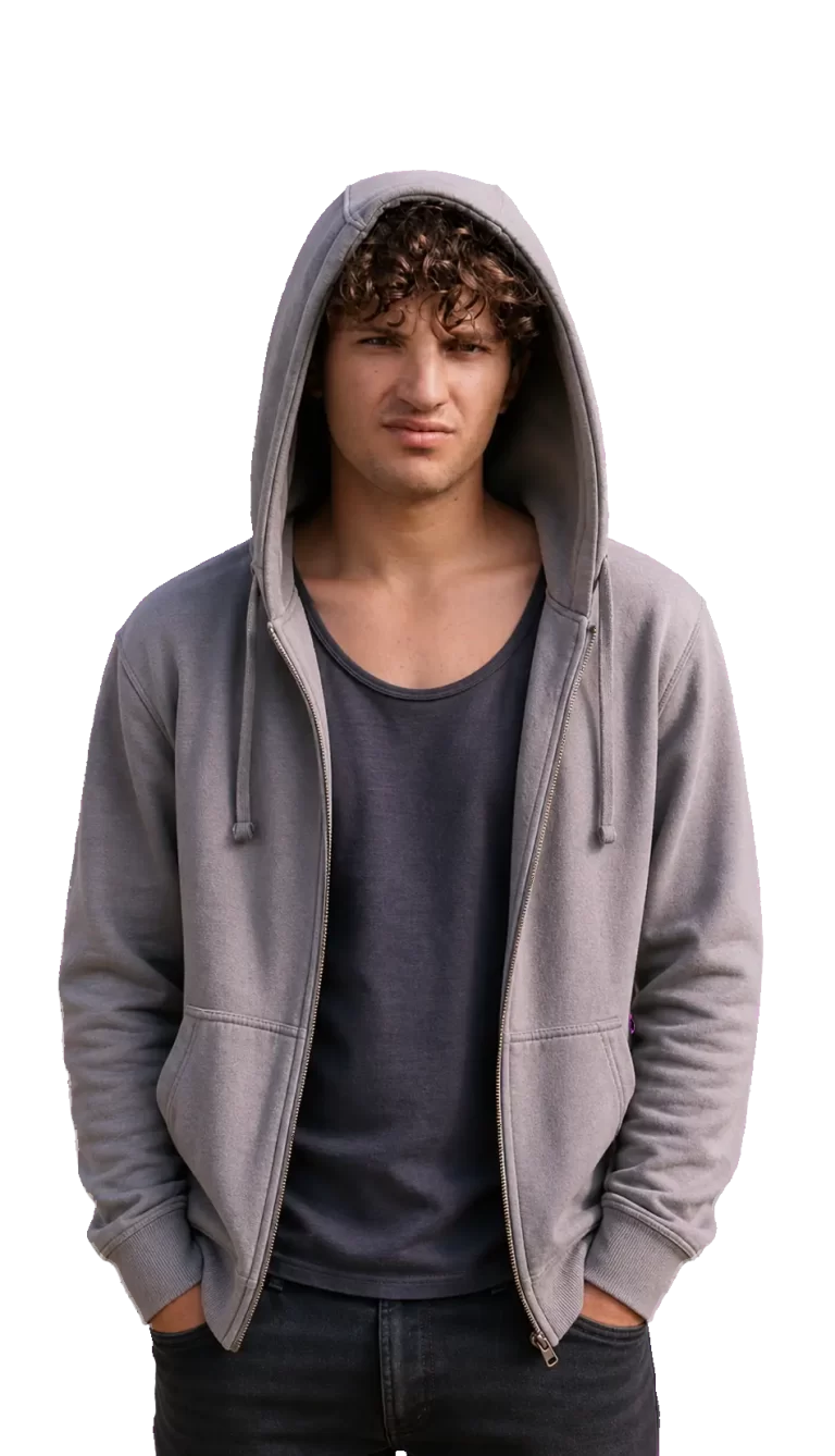 Young man wearing a gray zip-up hoodie over a dark T-shirt, hands in pockets, facing the camera with a neutral expression.
